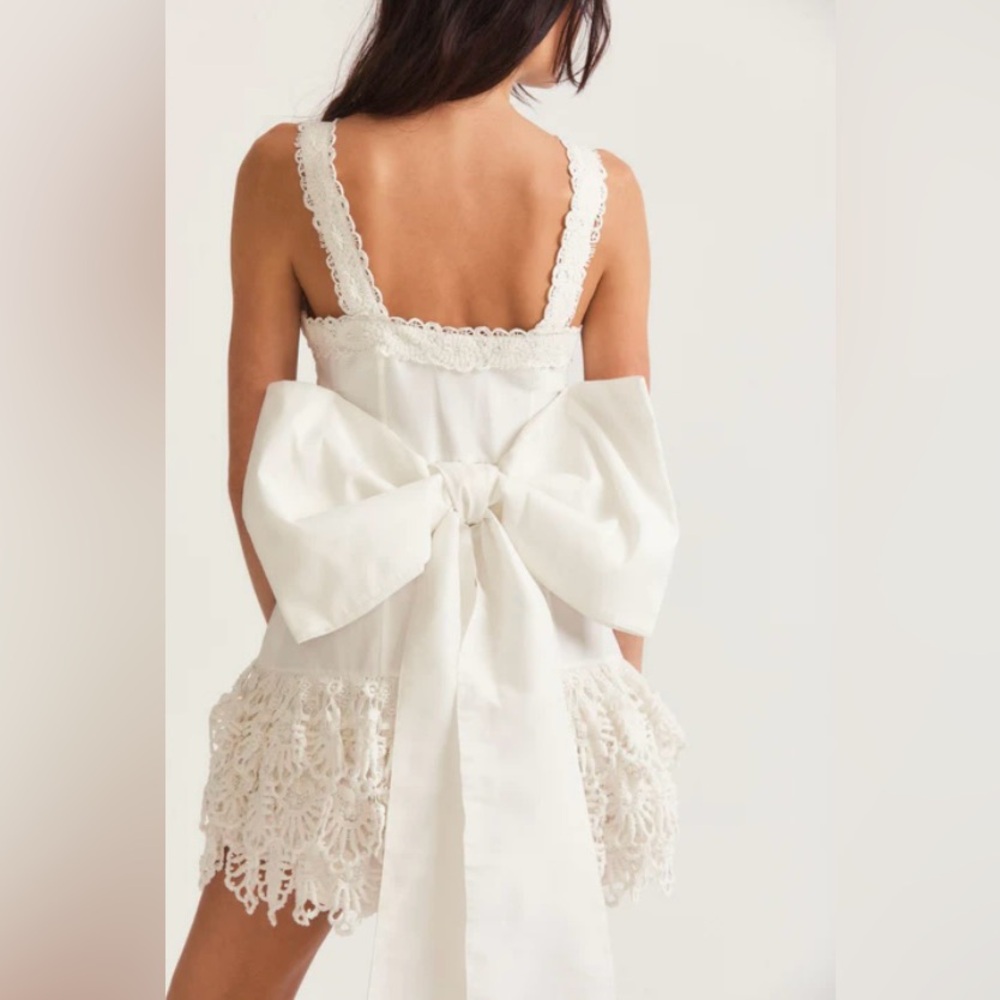 LoveShackFancy White Lace Mini Dress with Bow